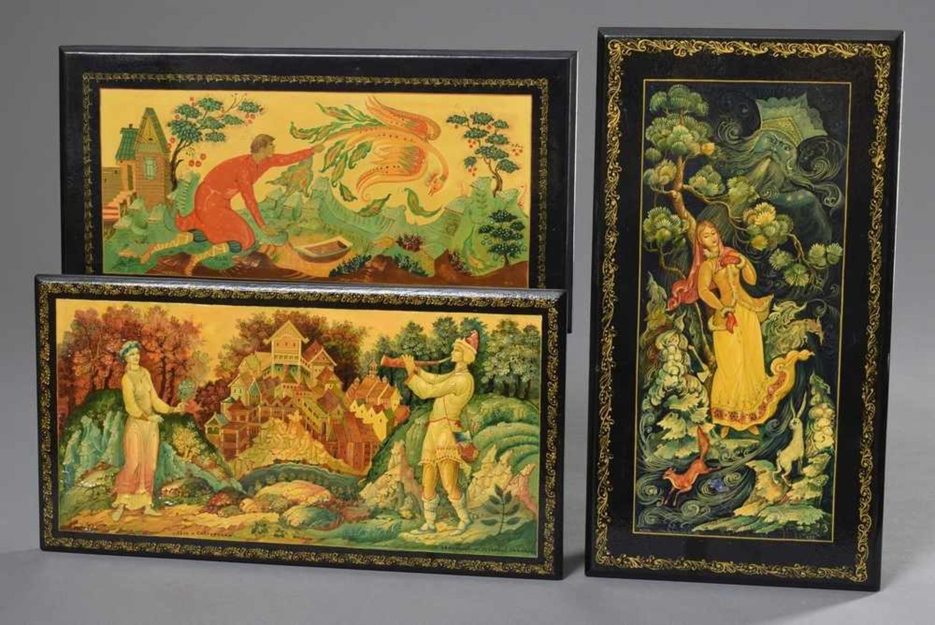 Various Mstjora lacquer panels "Boy with Firebird", "Father Frost's Red Nose" and "The Shepherd