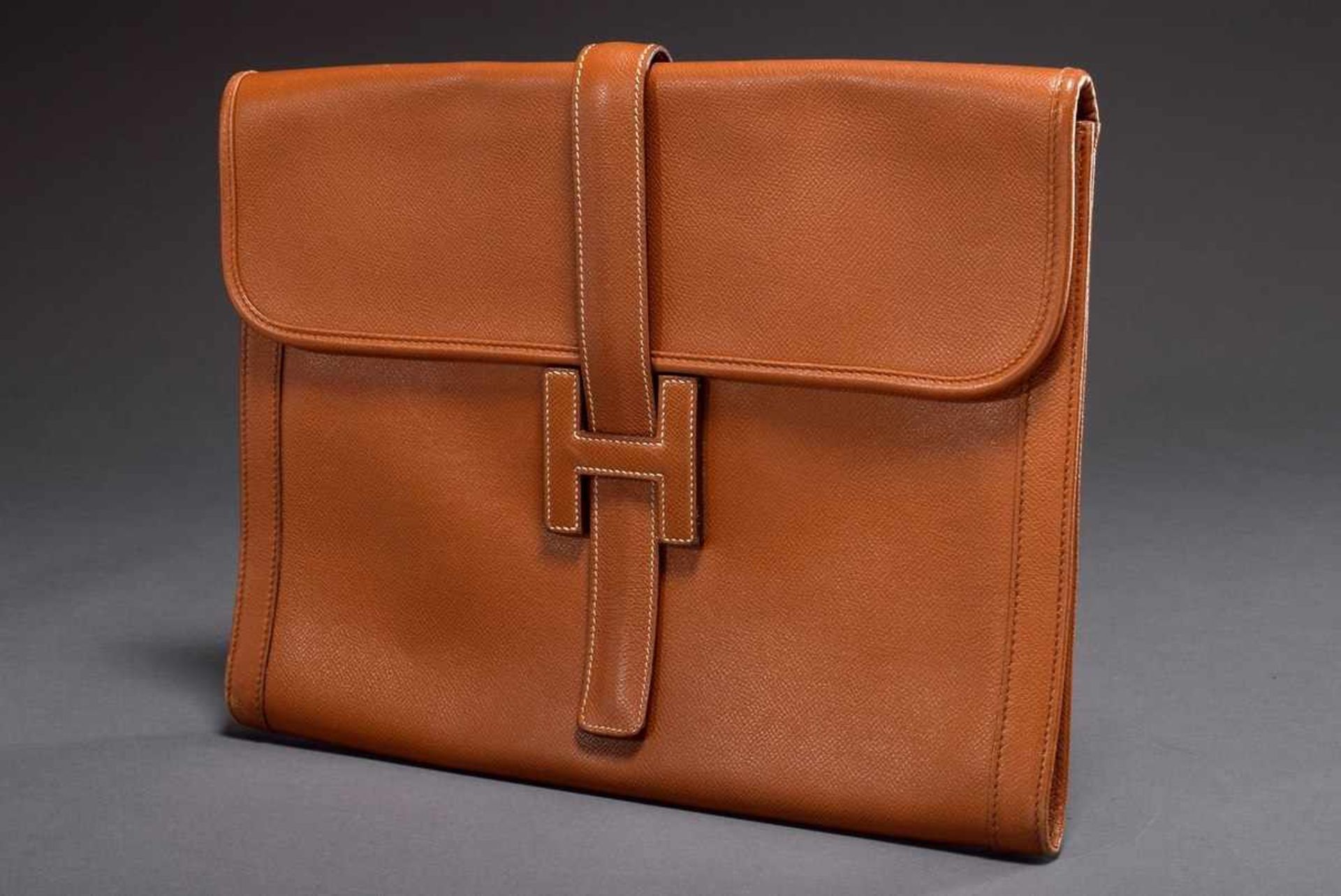 Hermès Clutch, cognac coloured leather/linen, 34x26cmHermès Clutch, cognacfarbenes Leder/Leinen, - Bild 2 aus 5