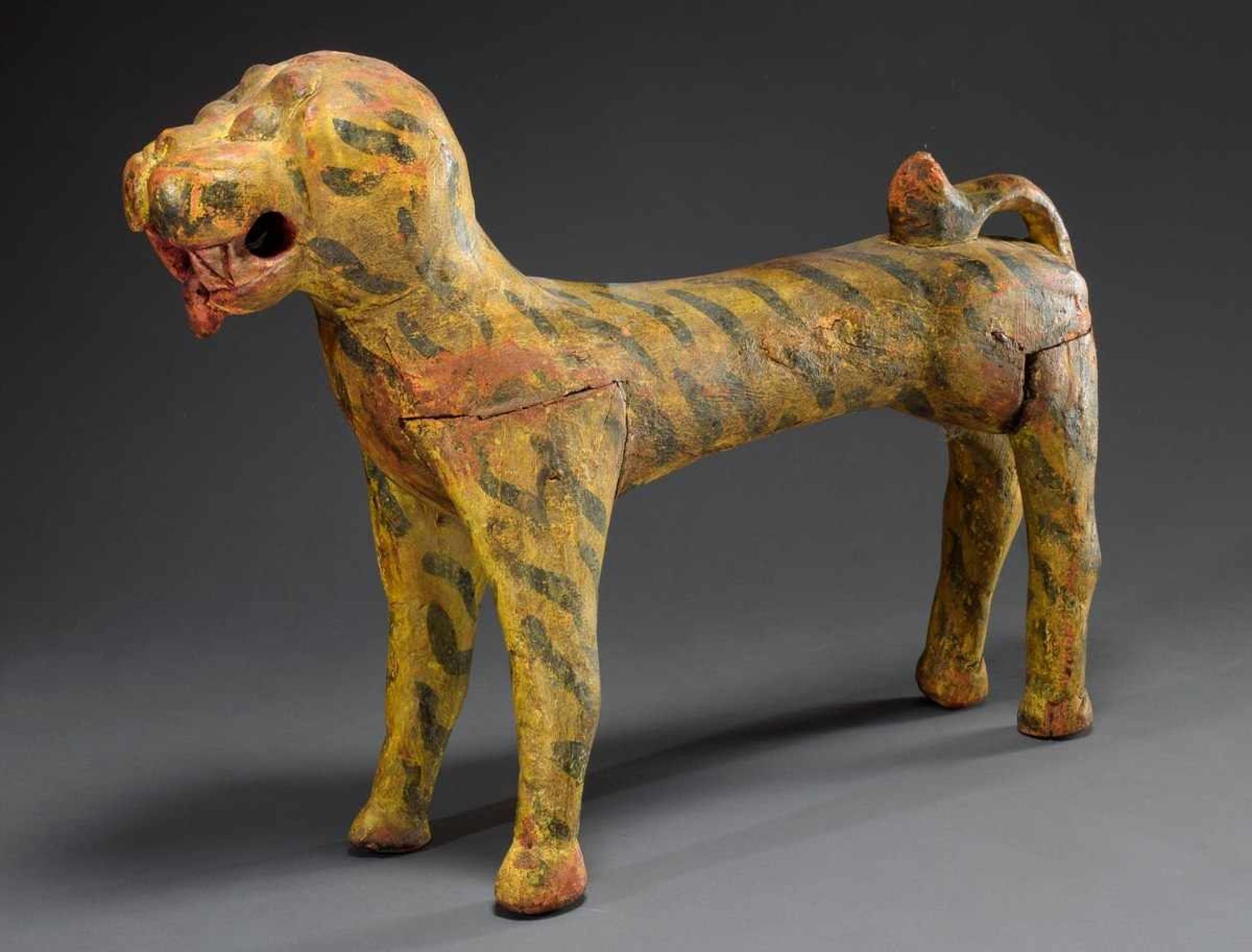 Carousel figure "Tiger", wood with remains of coloured painting, India beginning of the 20th