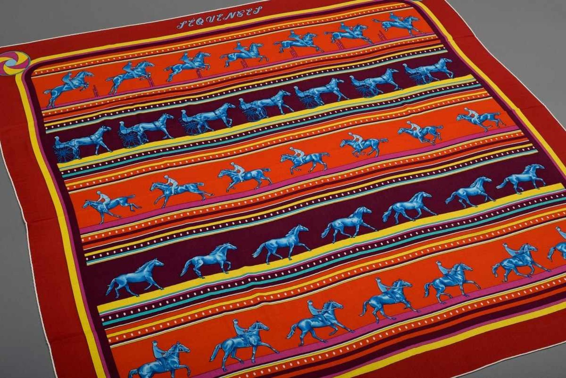 Hermès scarf "Séquences" orange/red/purple/blue, design: Caty Latham 1983, 65% cashmere, 35% silk,