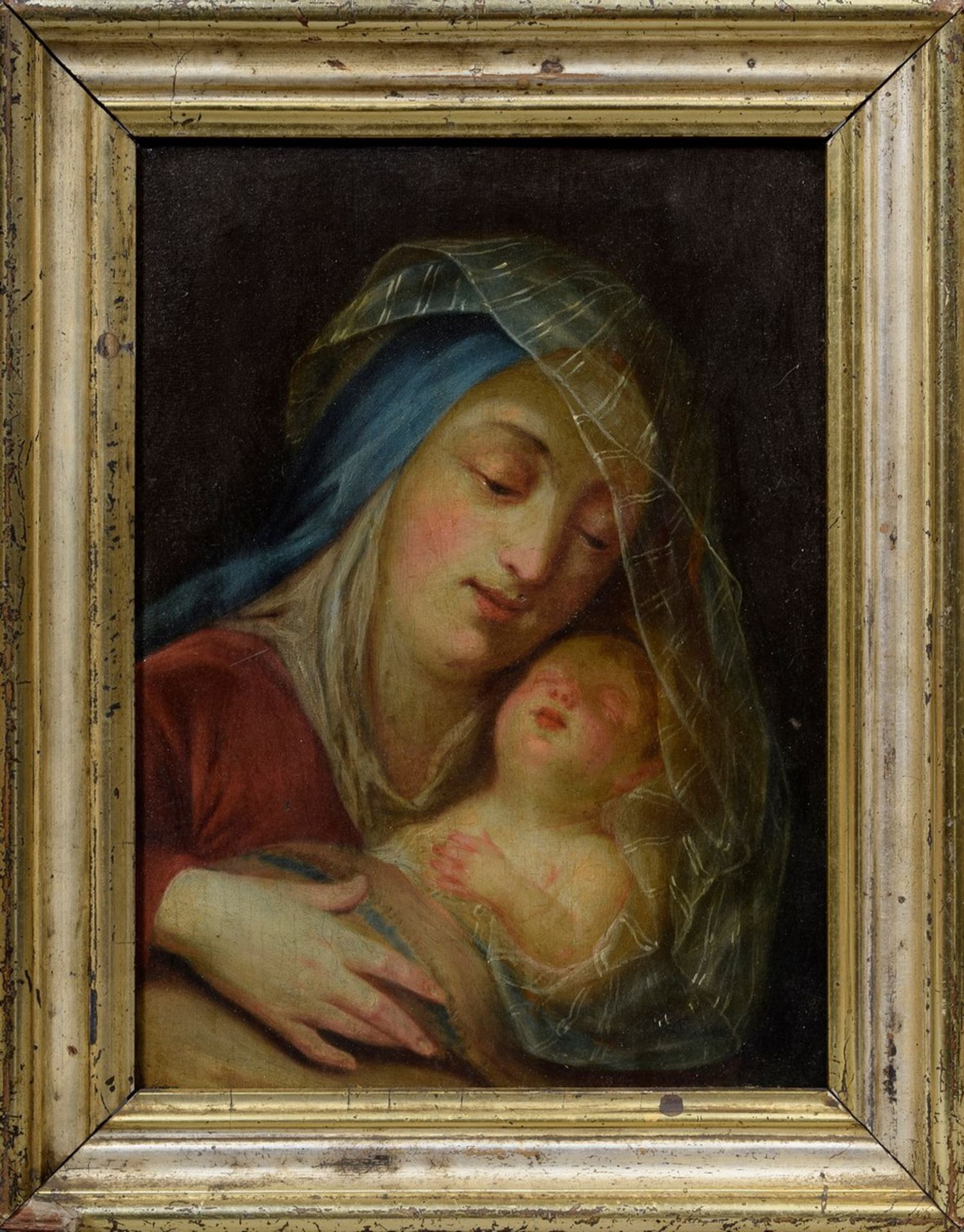 Andachtsbild „Muttergottes mit schlafendem Jesuskind“, Öl/Holz, wohl deutsch um 1800, 27x19,5cm (m. - Bild 2 aus 5