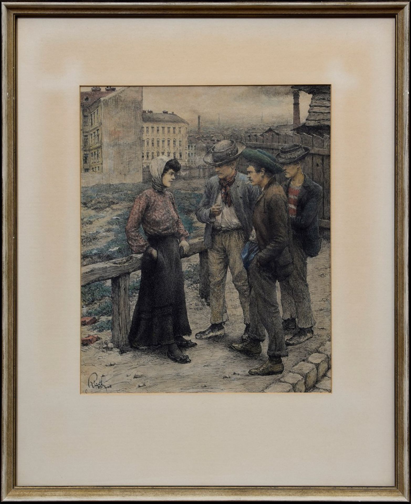 Unbekannter Künstler „Nach der Arbeit“ 1903, Zeichnung/Aquarell auf Papier, u.l. unleserlich - Bild 2 aus 3