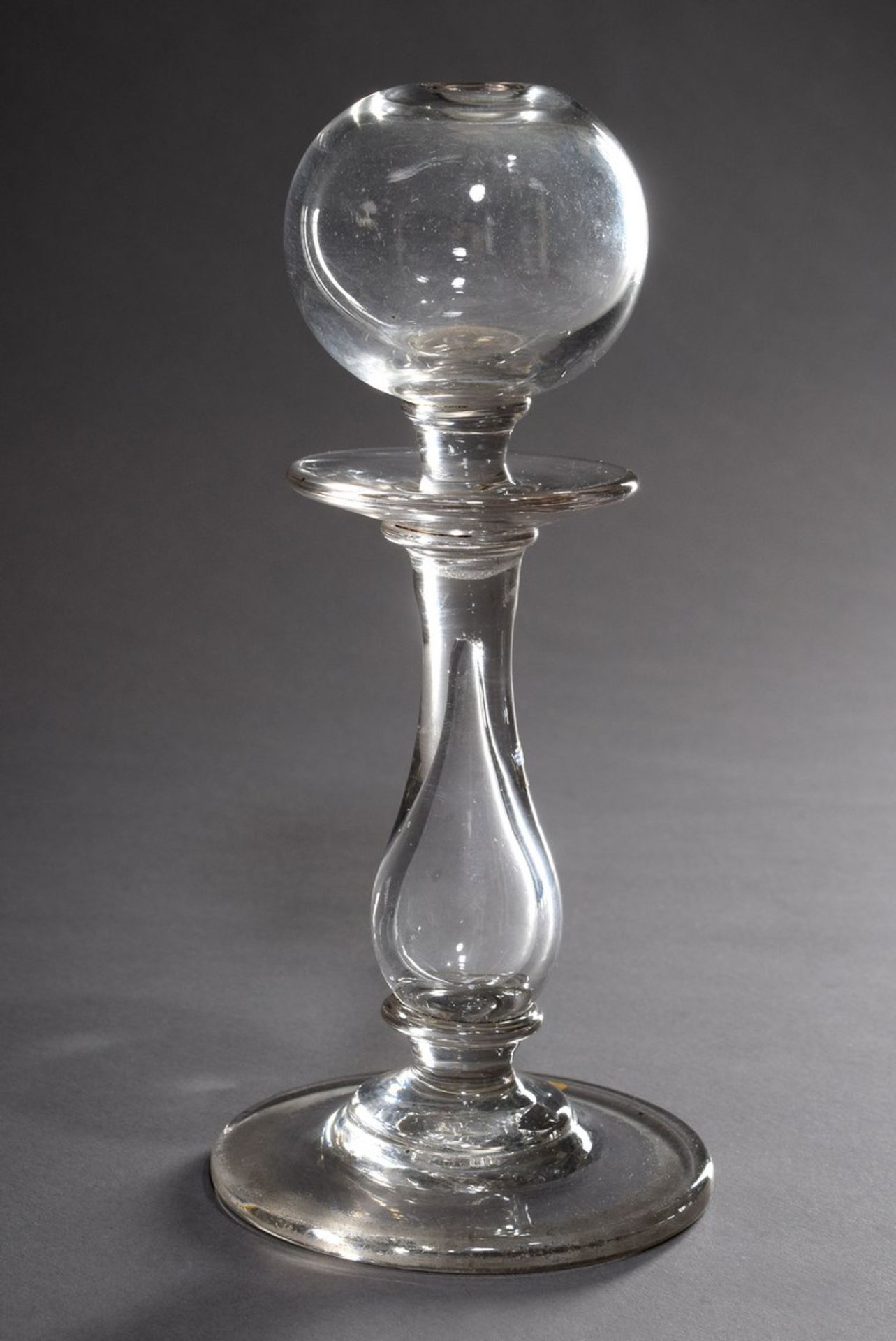 Biedermeier Glas Öllampe mit hohl geblasenem Balusterschaft, 19.Jh., H. 21cm