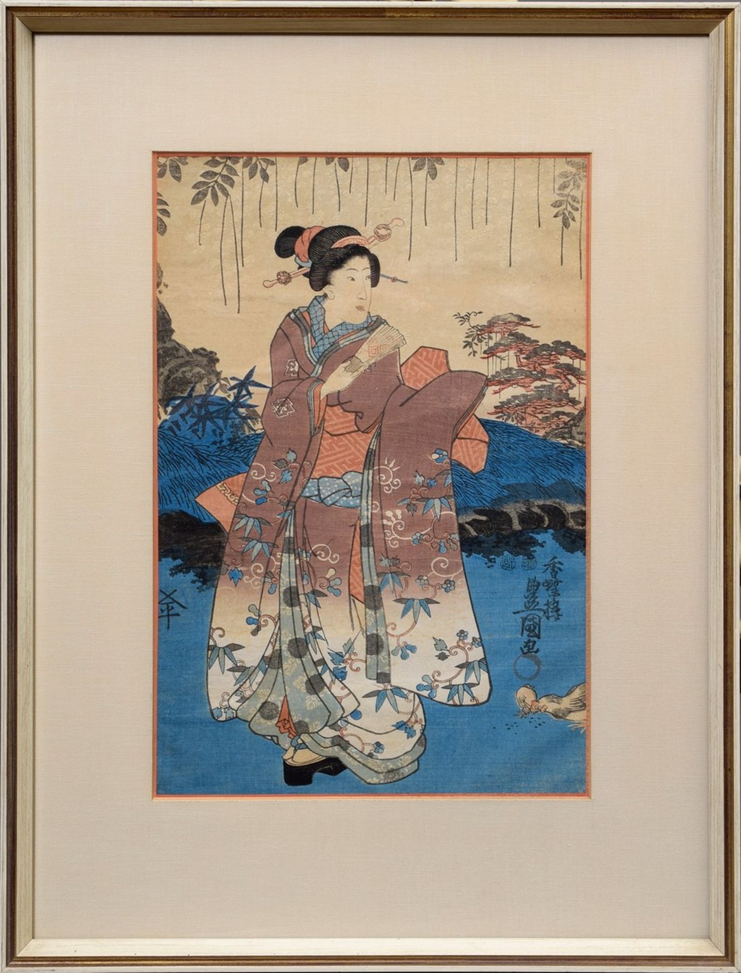 Japanischer Farbholzschnitt "Geisha im Garten", seitlich r. sign., 33x22cm (m.R. 50x38cm)Japanese - Bild 2 aus 5