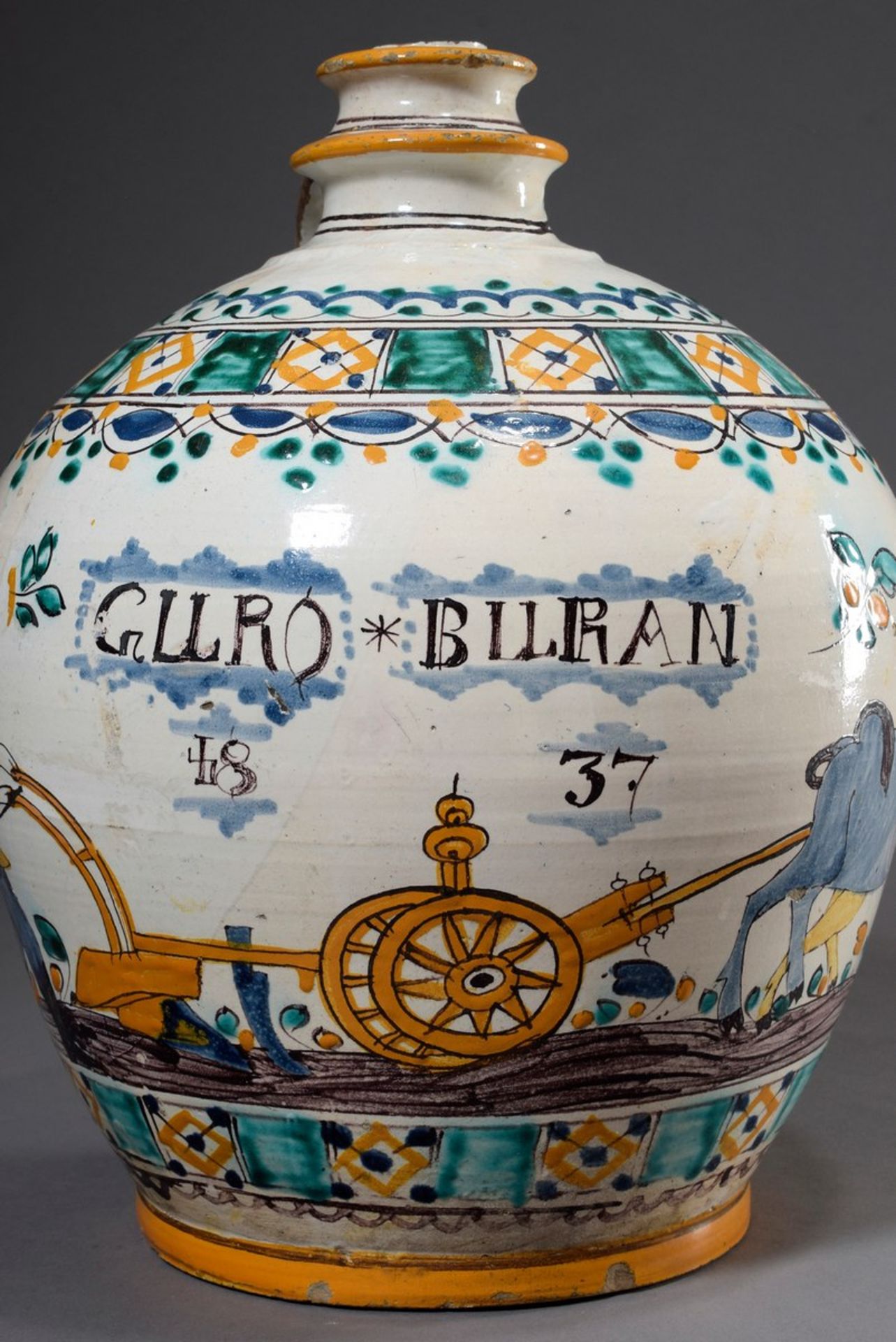 Großer südeuropäischer Fayence Krug mit Inschrift "GURO BURAN 1837" und polychromer Bemalung " - Bild 4 aus 7