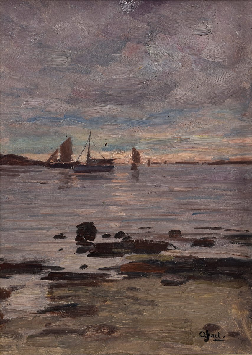 Juul, Ole (1852-1927) „Fischer im Abendlicht“, Öl/Malpappe, u.r. sign., verso Klebeetikett mit