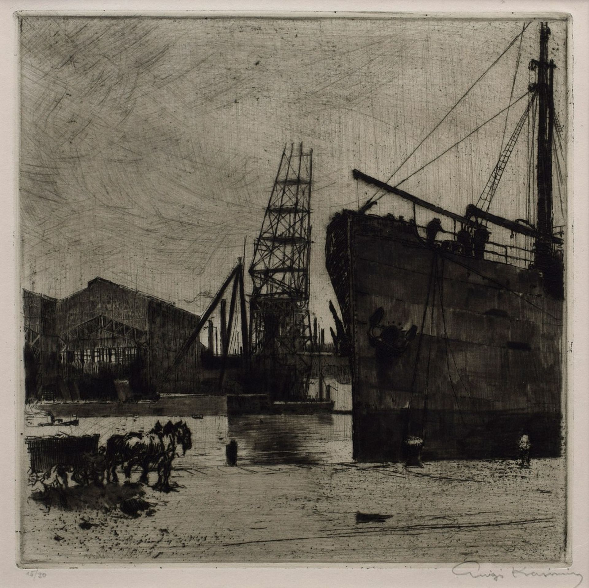 Kasimir, Luigi (1881-1962) „Hafen Kiel“, Radierung 15/30, u.r. in Blei sign., u.l. num., PM 25x25cm,