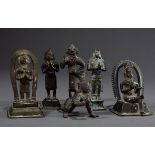6 Diverse figürliche Bronzen: 3 "Betende", 2 "Thronende" und 1 "Vishnu Baby", Indien 19.Jh., H. 7-