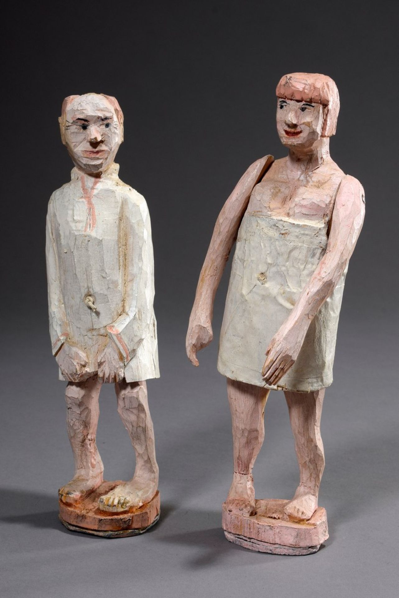 Paar erotische Figuren "Mann & Frau" in der Art von Stephan Balkenhol, Holz geschnitzt, farbig