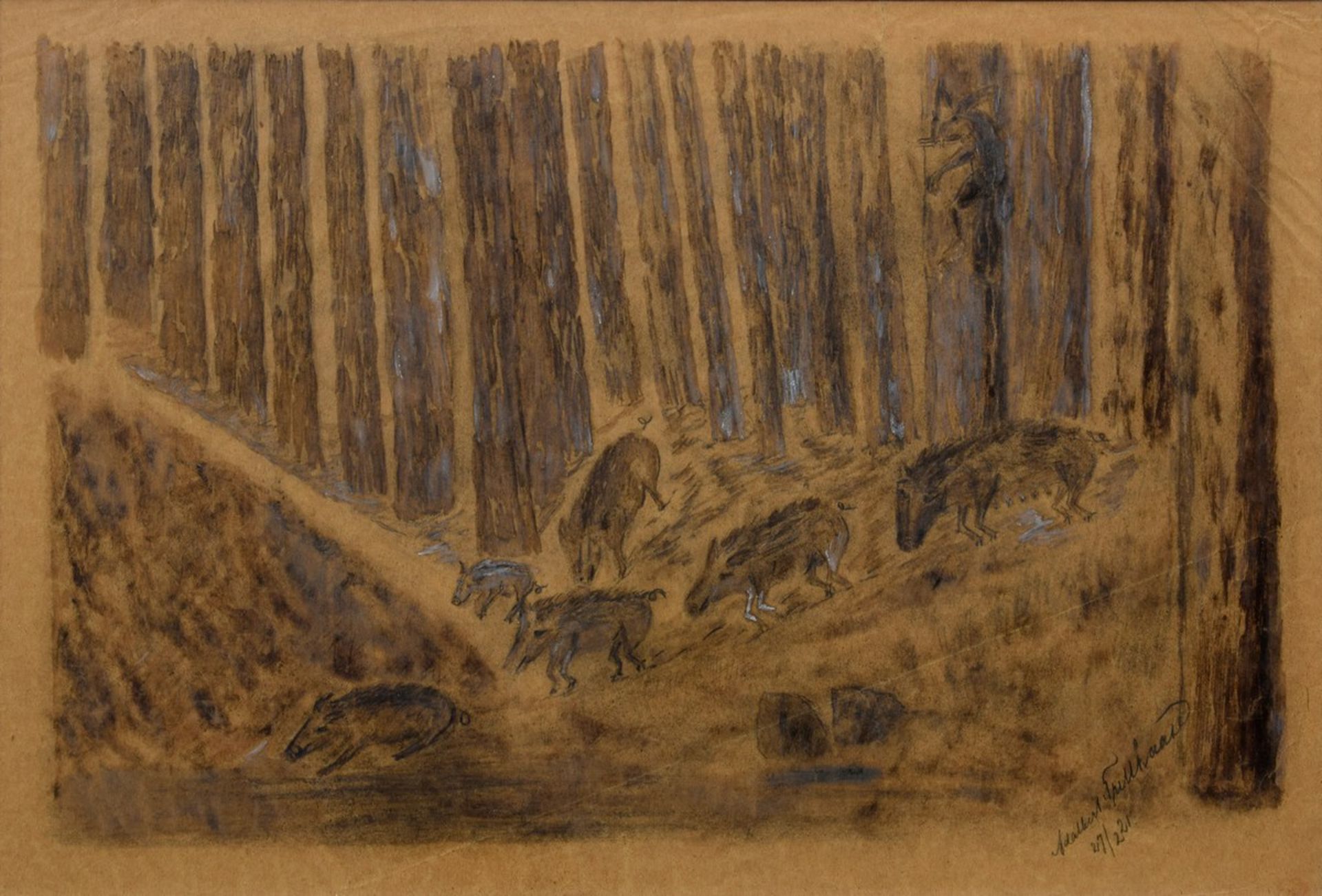 Trillhaase, Adalbert (1858-1936) "Die Wildschweine" 1921, Kohlezeichnung, u.r. sign./dat., verso
