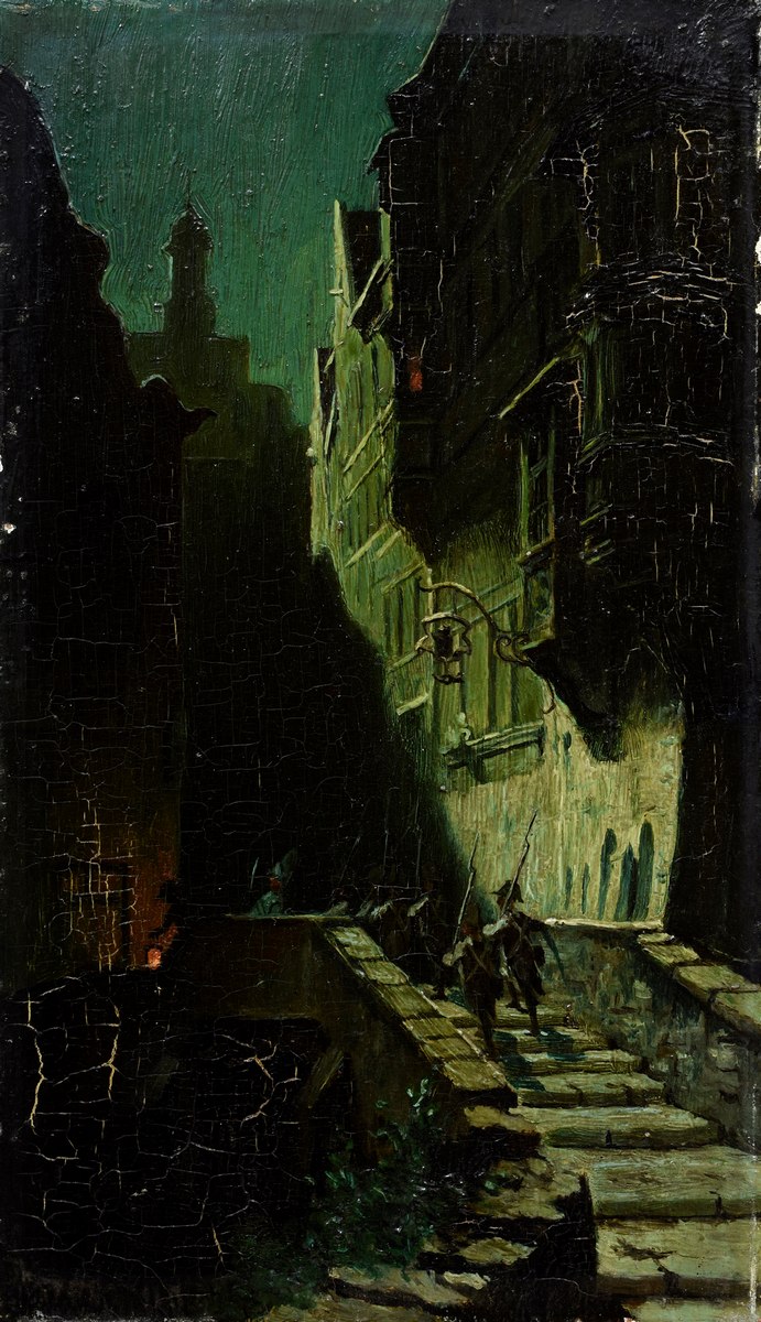Unbekannter Maler um 1900 „Nachtwache“ (Kopie nach Spitzweg), Öl/Holz, 21,4x12,5cm, Craquelé