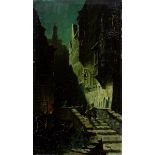Unbekannter Maler um 1900 „Nachtwache“ (Kopie nach Spitzweg), Öl/Holz, 21,4x12,5cm, Craquelé