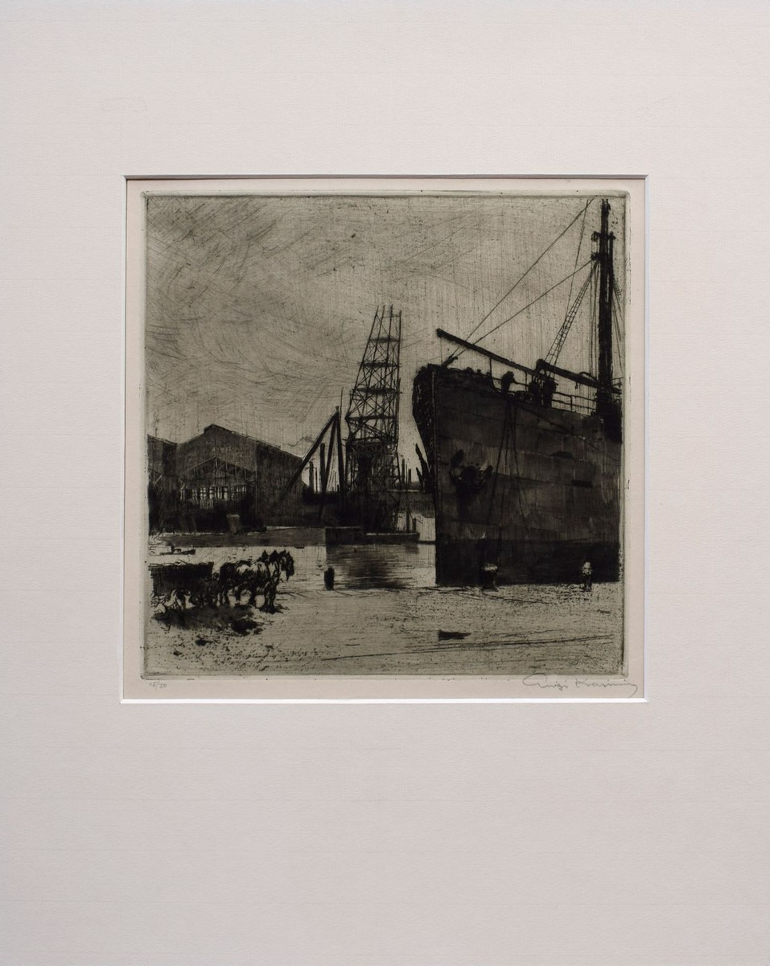 Kasimir, Luigi (1881-1962) „Hafen Kiel“, Radierung 15/30, u.r. in Blei sign., u.l. num., PM 25x25cm, - Bild 2 aus 2