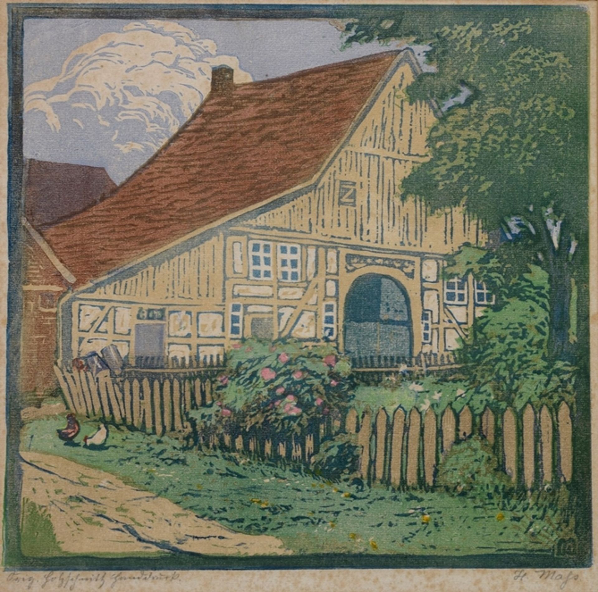 Maas, Helene (1871-1955) „Bauerngehöft“, Farbholzschnitt, u.r. in der Platte monogr., u.r. in Blei