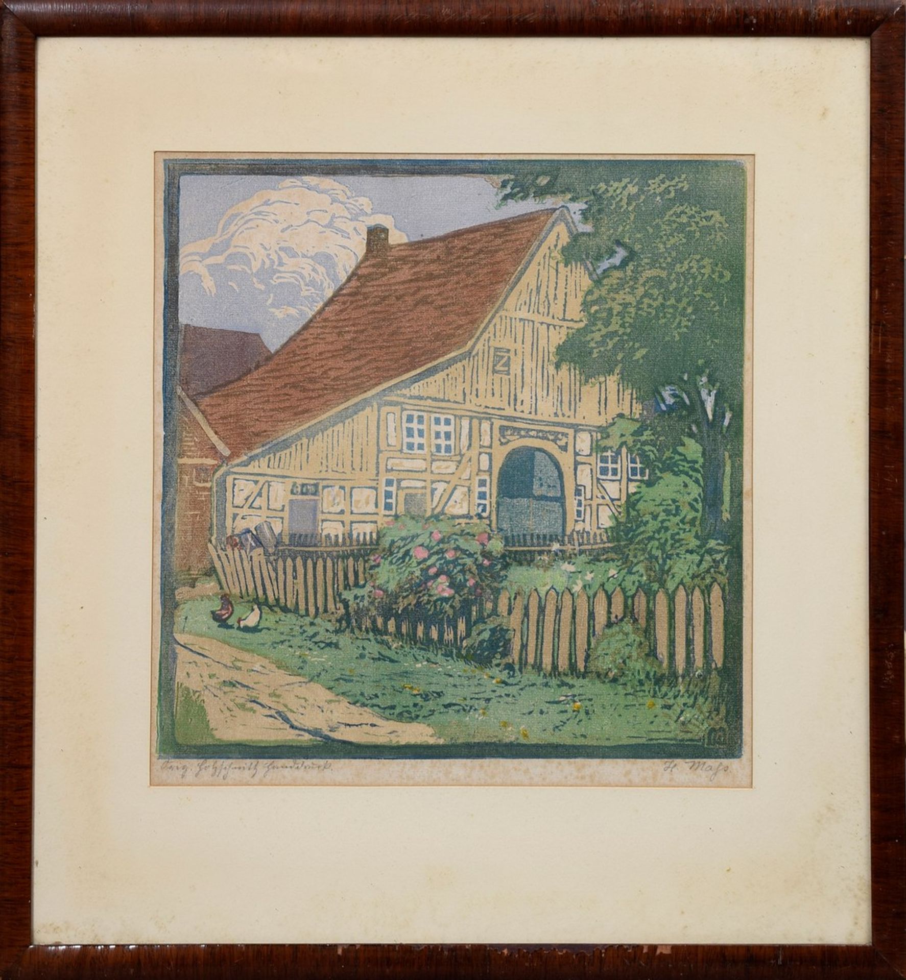 Maas, Helene (1871-1955) „Bauerngehöft“, Farbholzschnitt, u.r. in der Platte monogr., u.r. in Blei - Bild 2 aus 3