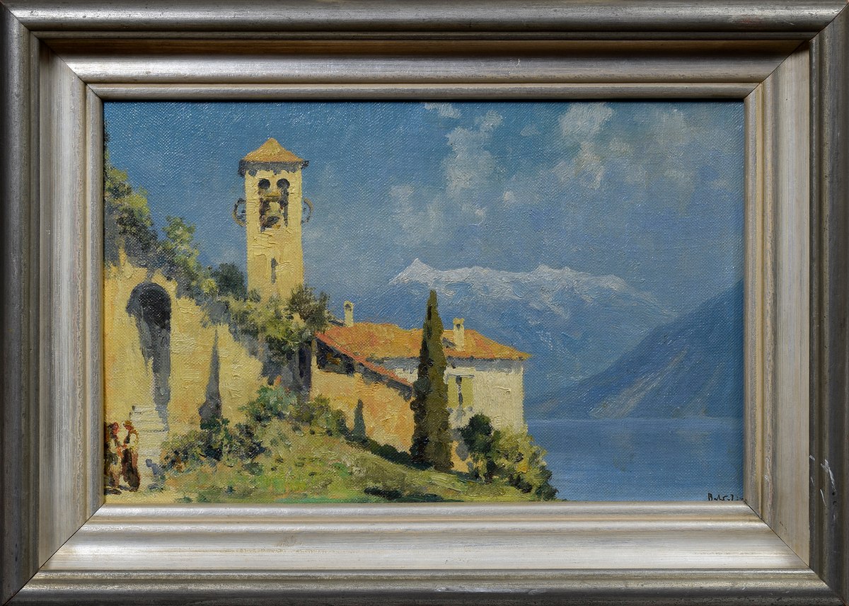 Baldessari, Roberto Iras (1894-1964) "Kirche am See", Öl/Leinwand, u.r. sign., 28,5x45cm (m.R. 42, - Image 2 of 4