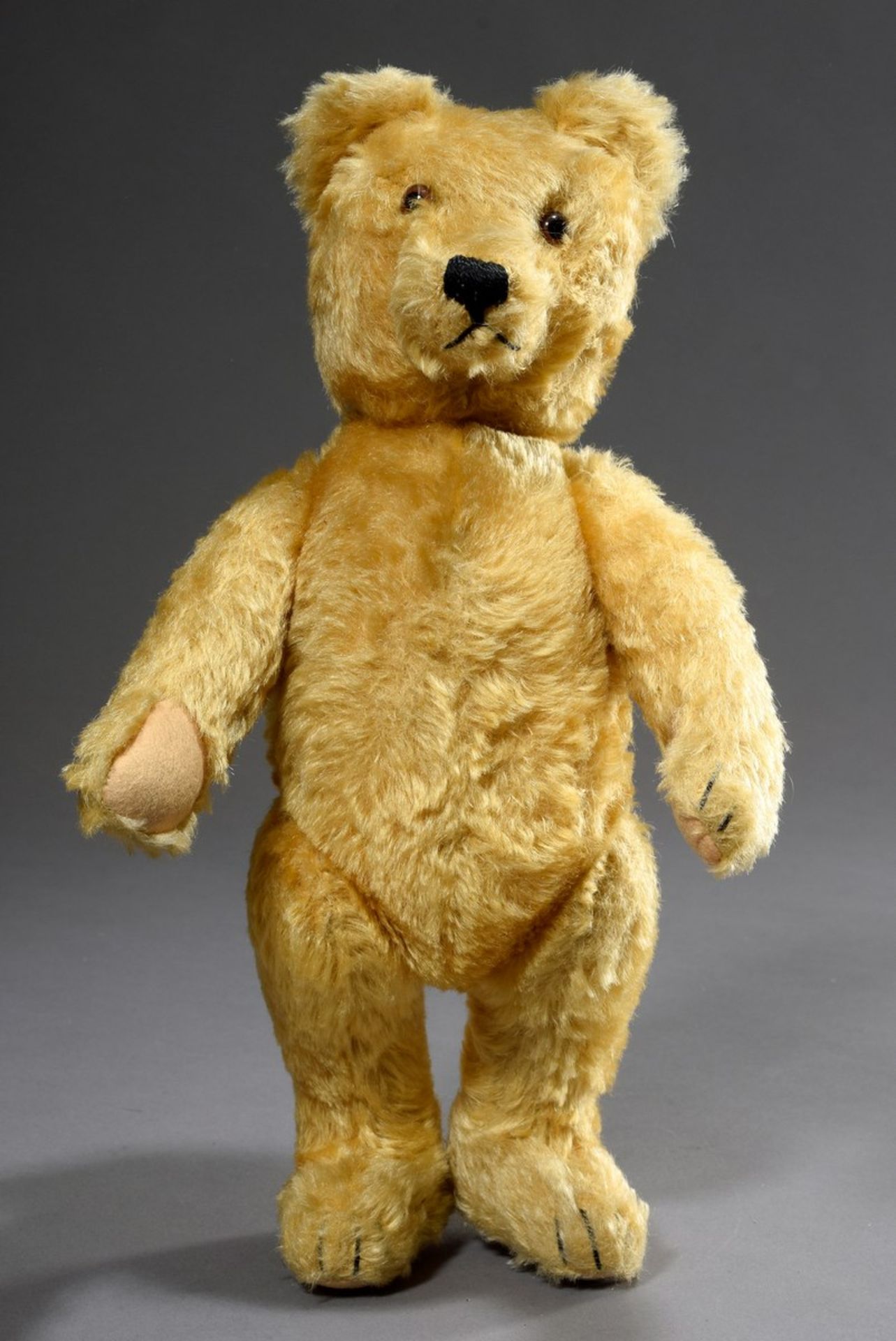 Steiff Teddy mit beigem Mohair und braunen Glasaugen, 2. Hälfte 20.Jh., H. 33cm, min. bespielt,