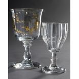 2 Teile antikes Glas: kleines facettiertes Weinglas und Kelch mit goldener Inschrift "Souvenir",