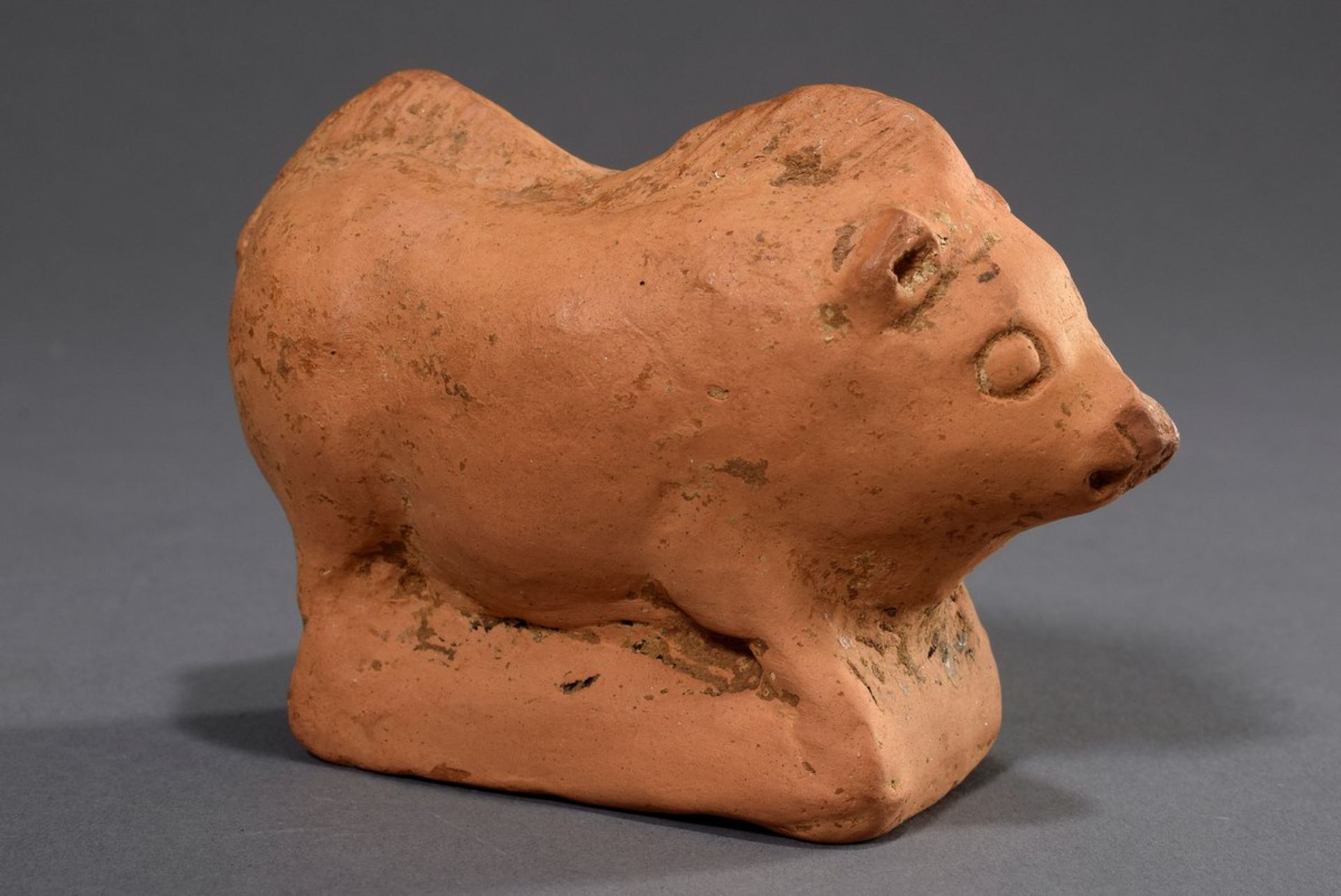 Tonfigur "Schwein" (wohl Kinderrassel) auf Sockel, roter Scherben, wohl Apulien (Tarent) ca. 4.Jh.