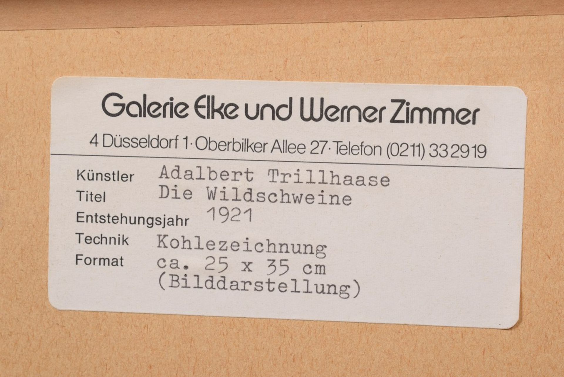 Trillhaase, Adalbert (1858-1936) "Die Wildschweine" 1921, Kohlezeichnung, u.r. sign./dat., verso - Bild 4 aus 4
