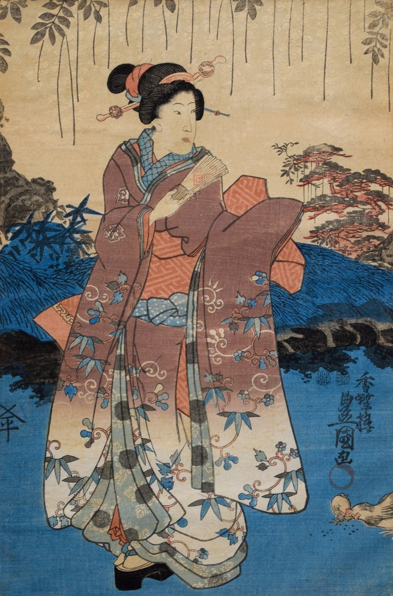 Japanischer Farbholzschnitt "Geisha im Garten", seitlich r. sign., 33x22cm (m.R. 50x38cm)Japanese