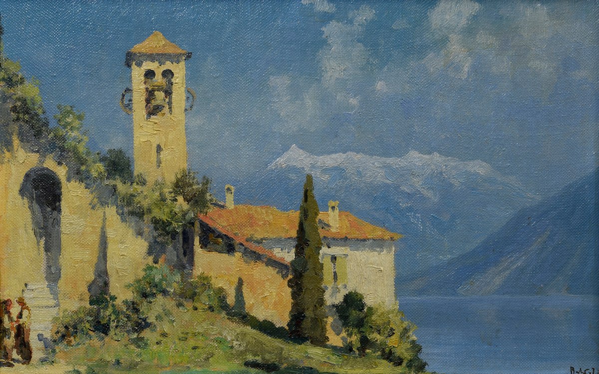 Baldessari, Roberto Iras (1894-1964) "Kirche am See", Öl/Leinwand, u.r. sign., 28,5x45cm (m.R. 42,
