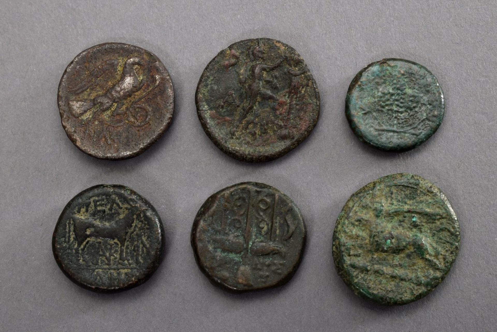 6 Diverse Griechische Münzen, Bronze, Italien und Griechenland, u.a. Hieron II., Antigonos II.,