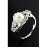 Klassischer Art Deco GG/WG 585 Ring, rhodiniert mit Naturperle und Diamantbesatz (zus. ca. 0.49ct/