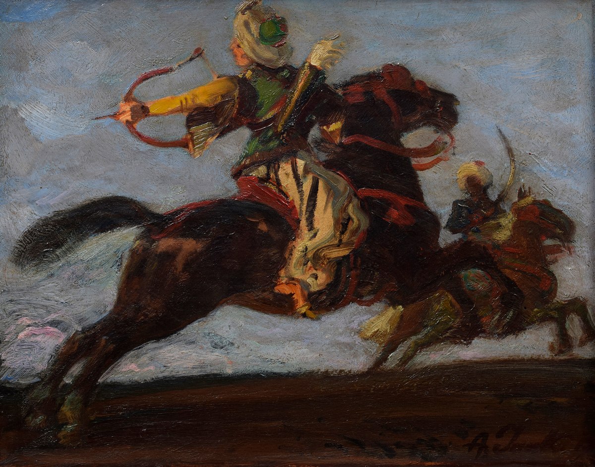 Jank, Angelo (1868-1940) „Osmanischer Reiterbogenschütze“ 1917, Öl/Holz, u.r. sign./dat., verso