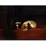 Unbekannter Künstler des 19. Jh. „Zwei Schoßhunde (Cavalier King Charles Spaniel)", Öl/Leinwand,