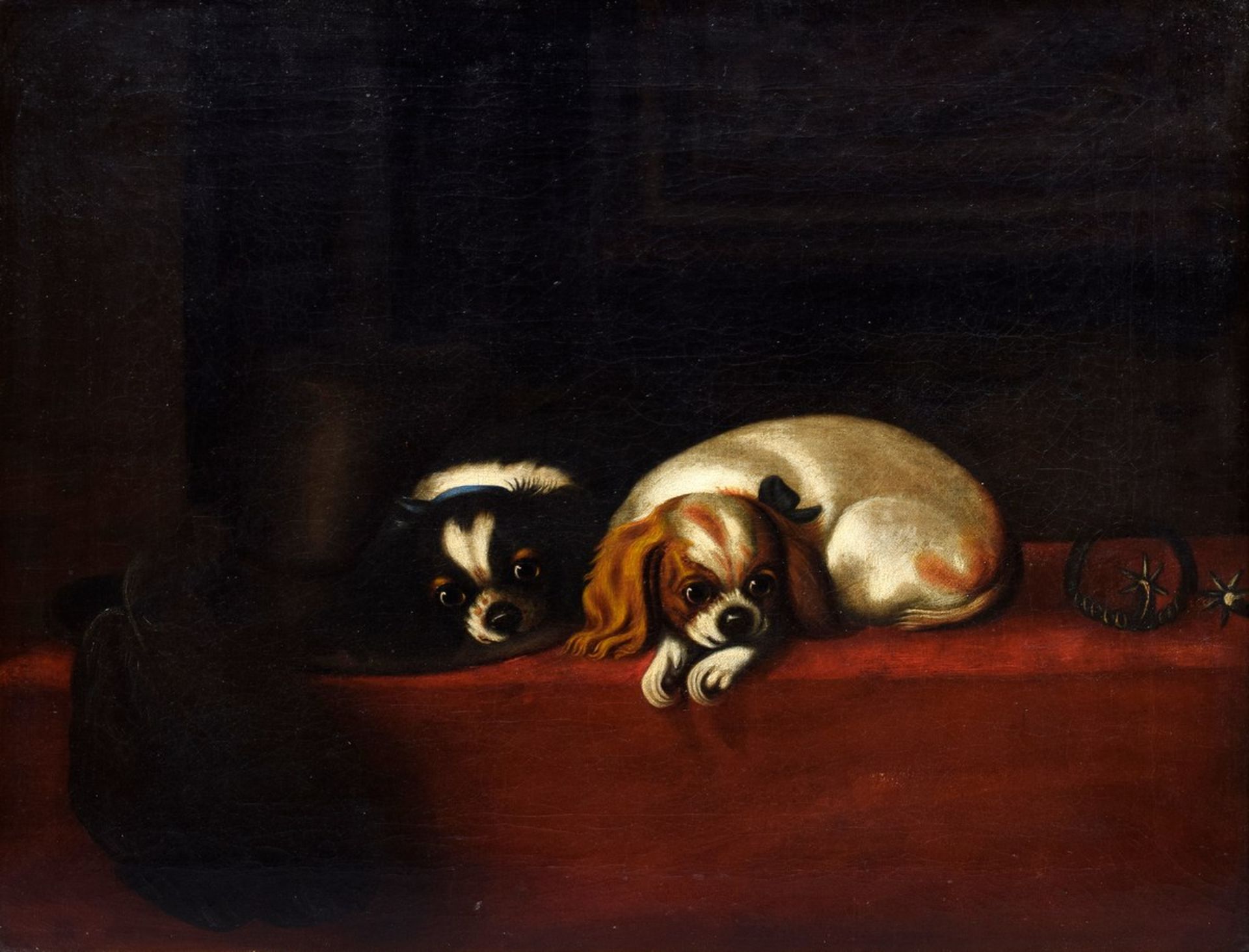 Unbekannter Künstler des 19. Jh. „Zwei Schoßhunde (Cavalier King Charles Spaniel)", Öl/Leinwand,