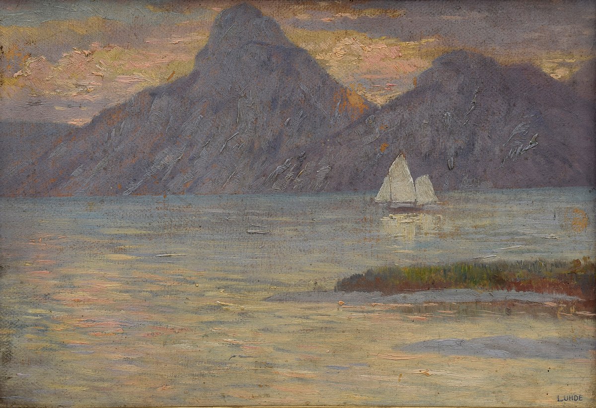 Luhde, Otto (1874-1957) "Segelschiff auf Alpensee", Öl/Malpappe, u.r. sign., 22,5x32,5cm (m.R.