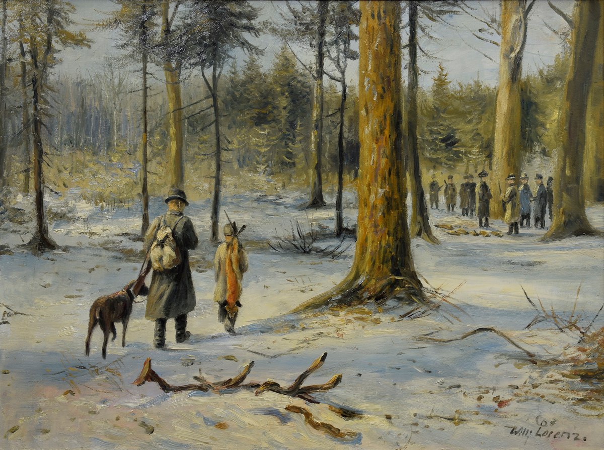 Lorenz, Willi (1901-1981) "Jagdgesellschaft im verschneiten Wald", Öl/Leinwand, u.r. sign., 58x78,