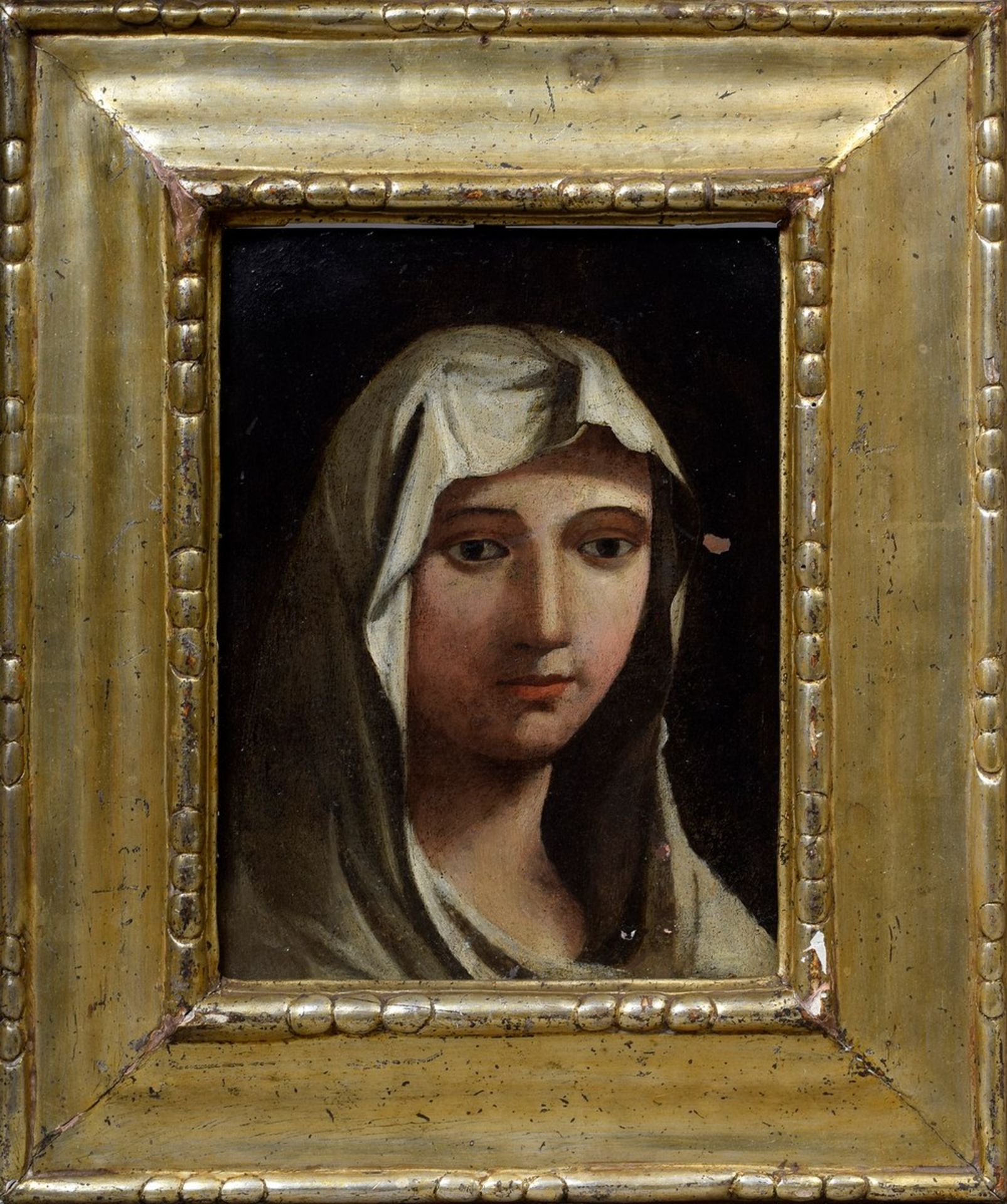 Portrait „Junge Frau mit weißem Tuch“, Öl/Kupfer, wohl Italien um 1730, 21,5x16cm (m.R. 35x29,