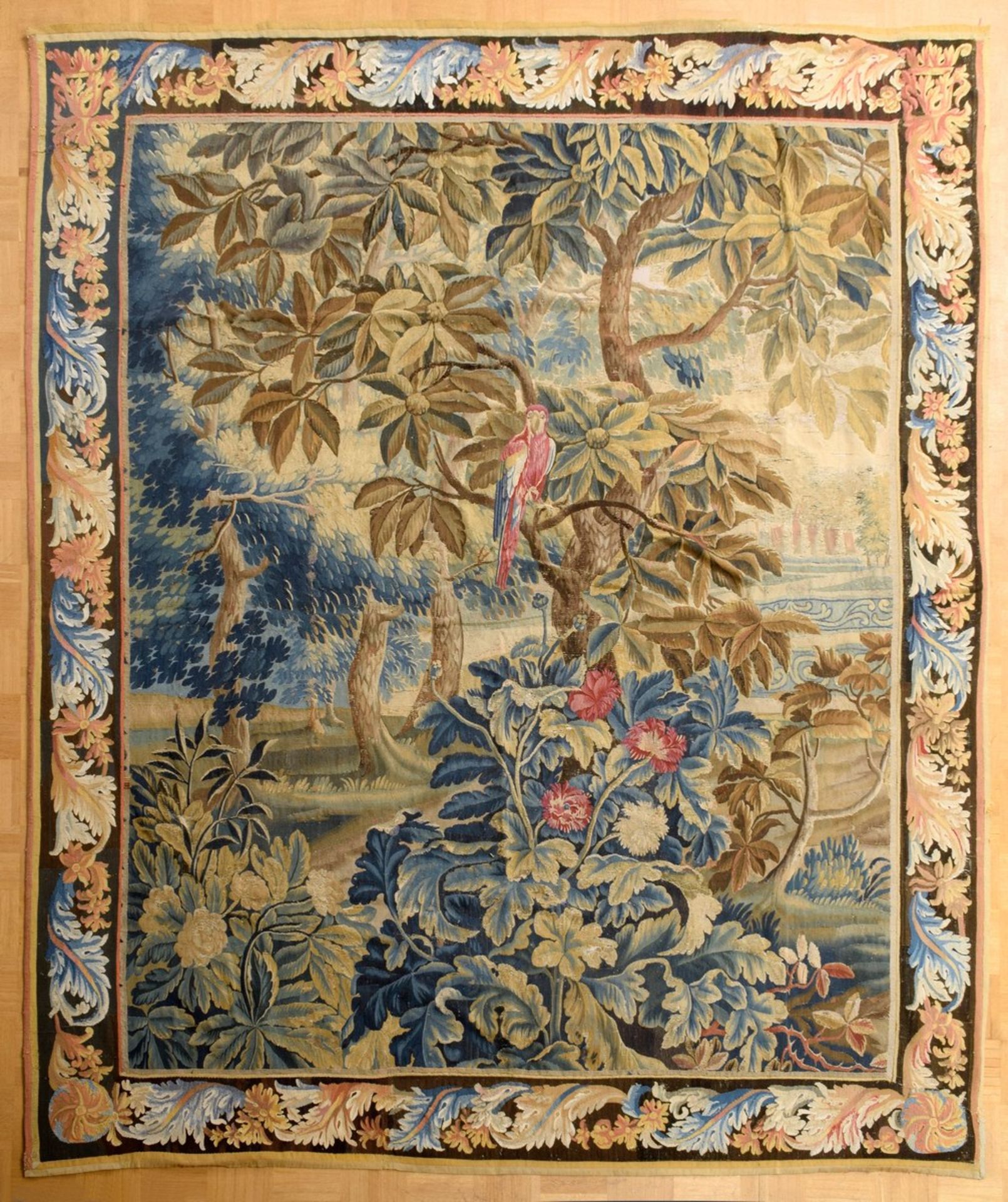 Gobelin "Ara im Baum", 280x236cm, neu gefüttert, 18.Jh., diverse Defekte, restauriert - Bild 2 aus 10