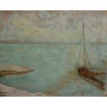 Unbekannter Maler um 1900 "Segler am Strand", Öl/Platte, 40x50cm, leichte Farbverluste