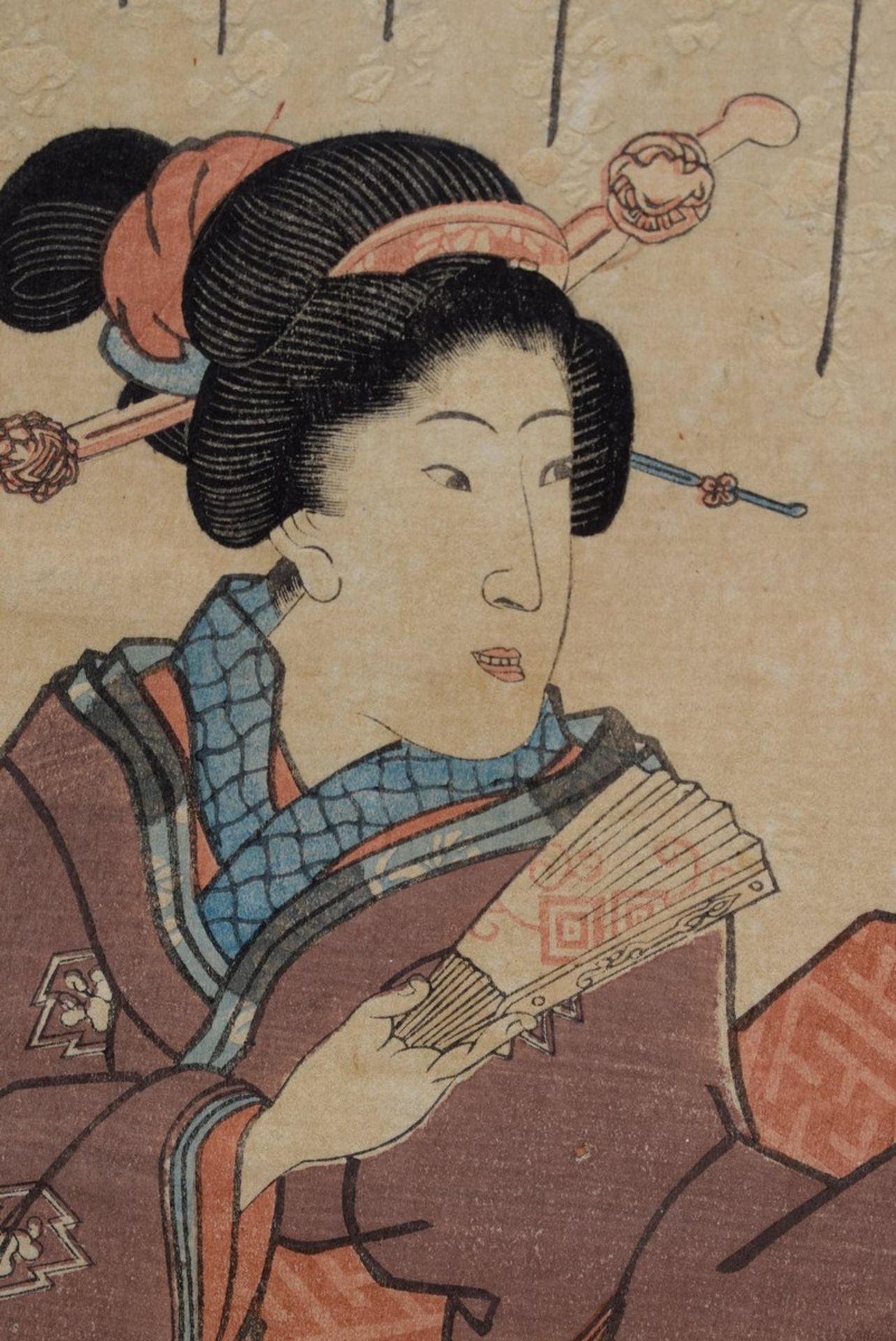 Japanischer Farbholzschnitt "Geisha im Garten", seitlich r. sign., 33x22cm (m.R. 50x38cm)Japanese - Bild 4 aus 5