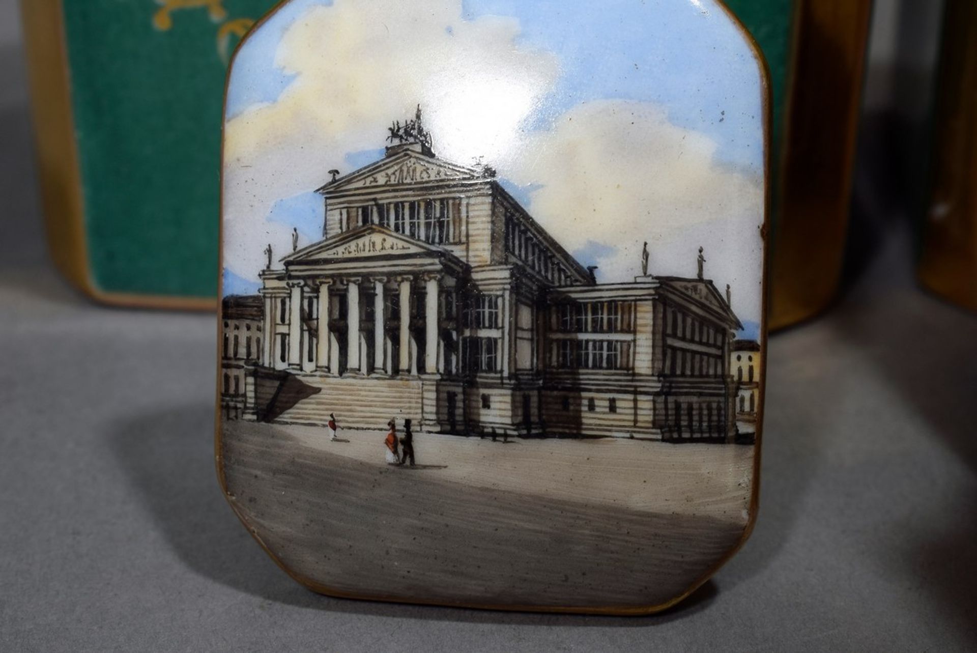 Intarsierter Holz Kasten mit drei Porzellan Gefäßen mit lupenfeiner Malerei "Berliner Ansichten: - Bild 5 aus 7