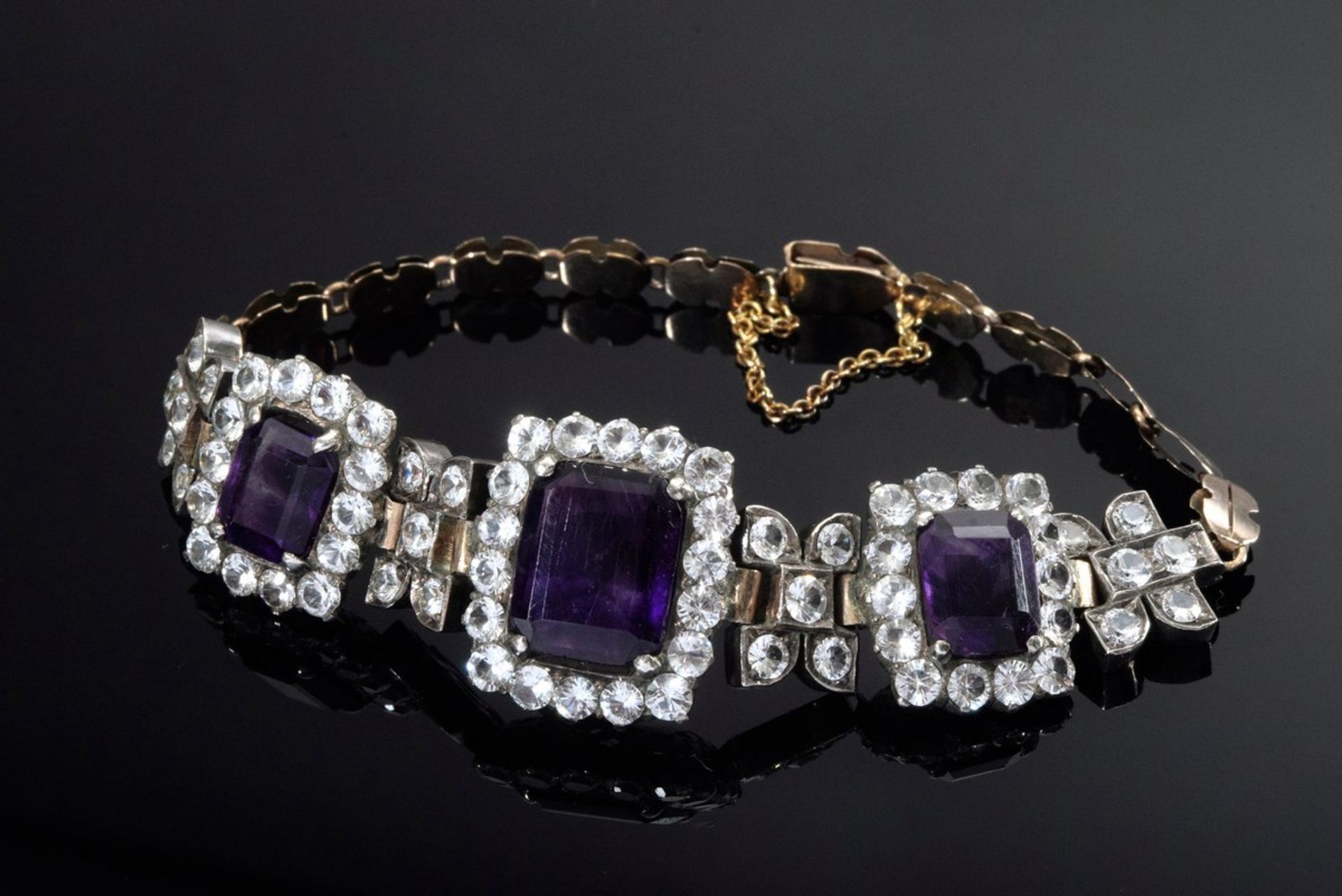 Antikes RG 333/Silber Armband mit violetten und weißen Imitatsteinen, Ansatzband vergoldet, 19.