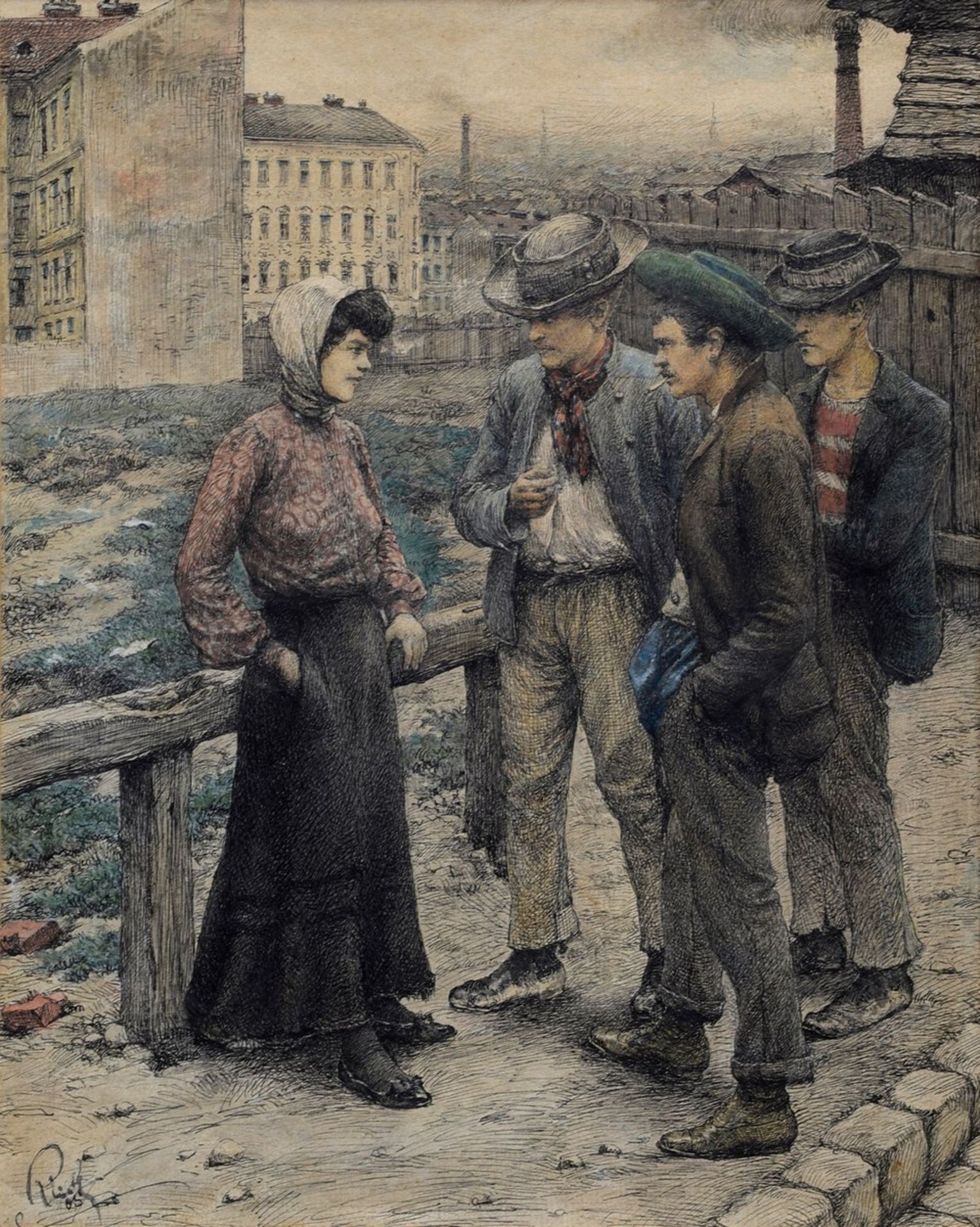 Unbekannter Künstler „Nach der Arbeit“ 1903, Zeichnung/Aquarell auf Papier, u.l. unleserlich