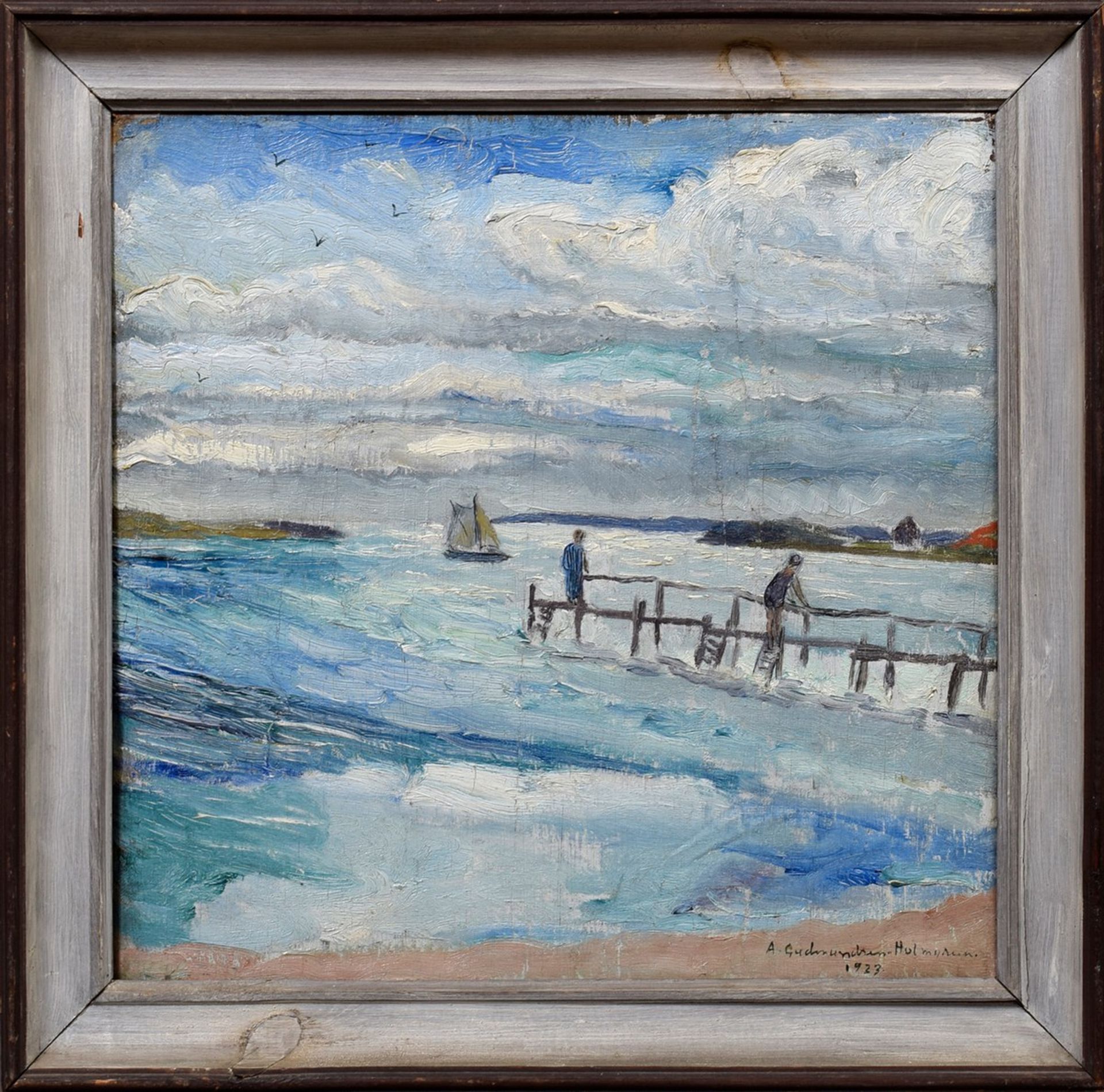 Gudmundsen-Holmgreen, Anders (1892-1967) „Seebrücke mit Badenden“ 1923, Öl/Leinwand, u.r. sign./ - Bild 2 aus 4