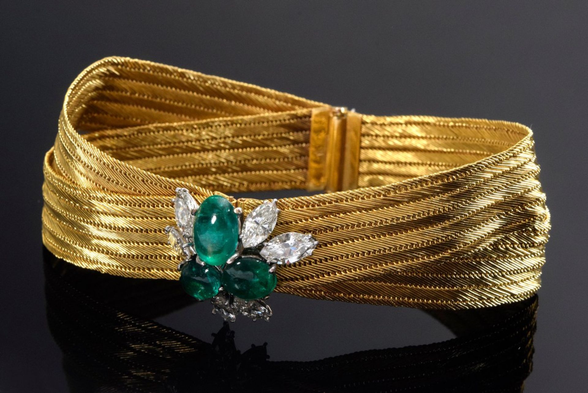 Gewebtes Midcentury GG 750 "Wilm" Armband mit Smaragdcabochons (zus. ca. 4ct) und Diamant- - Bild 2 aus 5