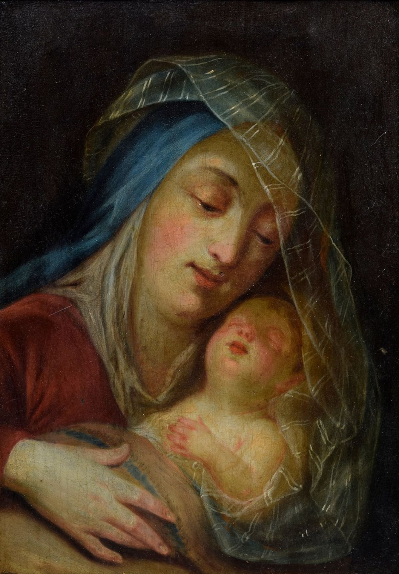 Andachtsbild „Muttergottes mit schlafendem Jesuskind“, Öl/Holz, wohl deutsch um 1800, 27x19,5cm (m.