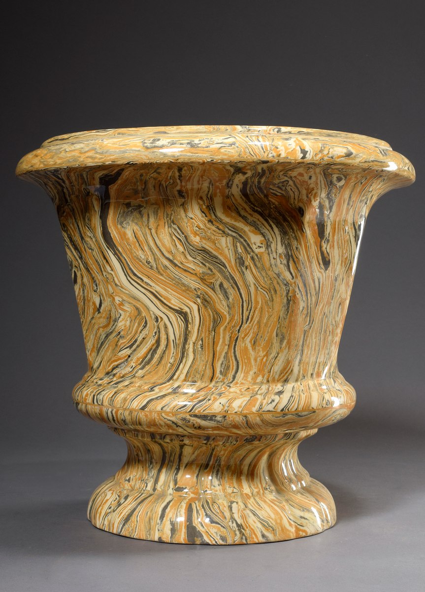 Marmorierter Keramik Übertopf in Grau/Orange/Beige mit mehreckigem Korpus, wohl Frankreich um