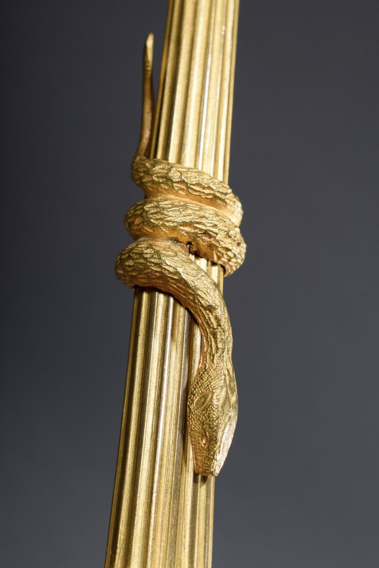 Paar vergoldete Gründerzeit Bronze Leuchter in antikisierender Form mit Tatzenfüßen und Schlangen, - Bild 4 aus 4