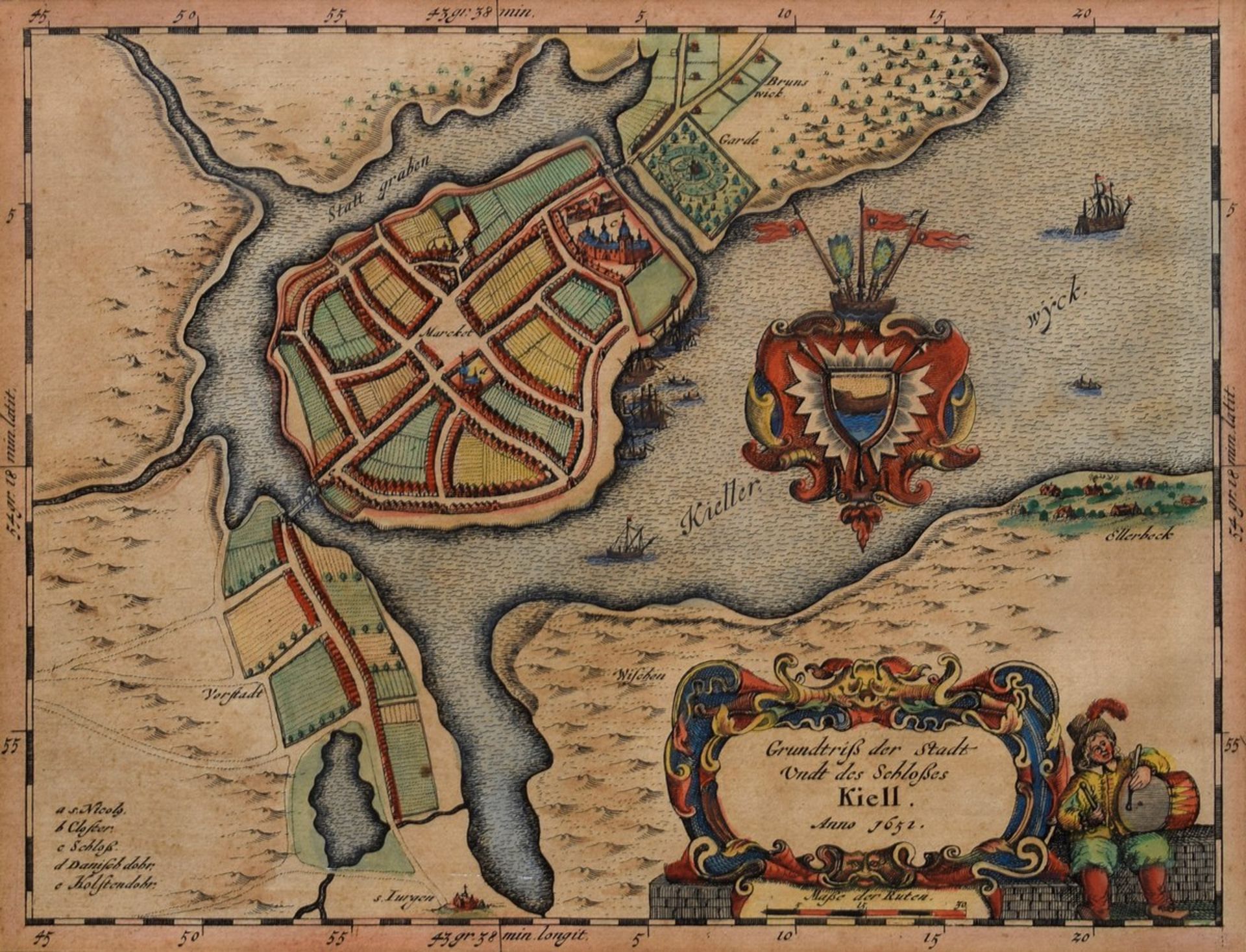 Mejer, Johannes (1606-1674) "Grundtriß der Stadt Undt des Schloßes Kiell", 1652, colorierter