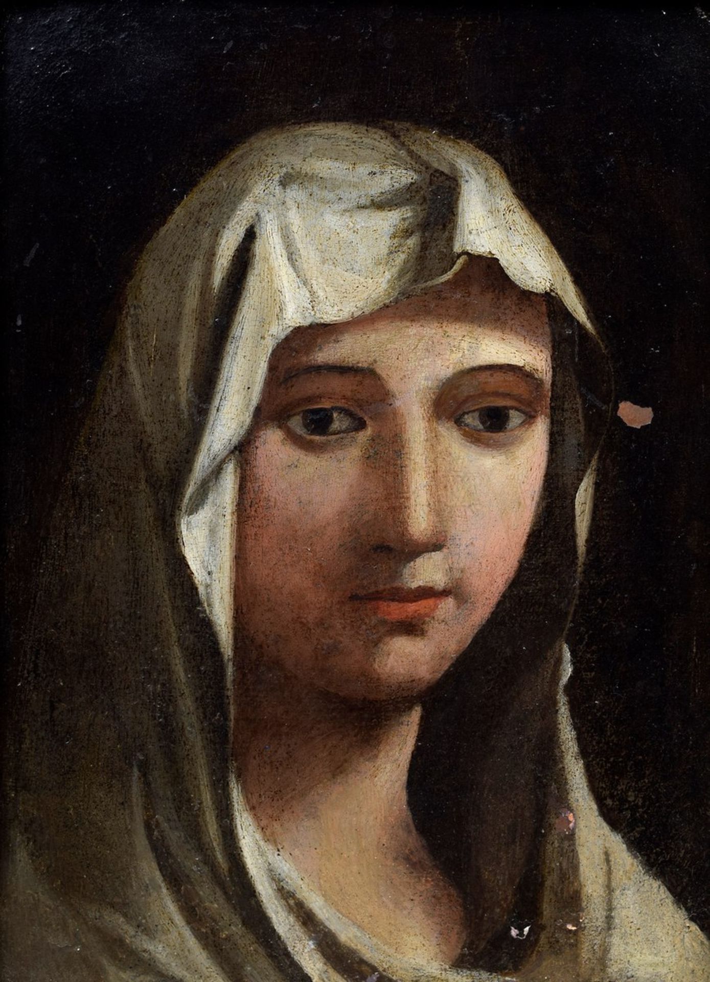 Portrait „Junge Frau mit weißem Tuch“, Öl/Kupfer, wohl Italien um 1730, 21,5x16cm (m.R. 35x29, - Bild 2 aus 4