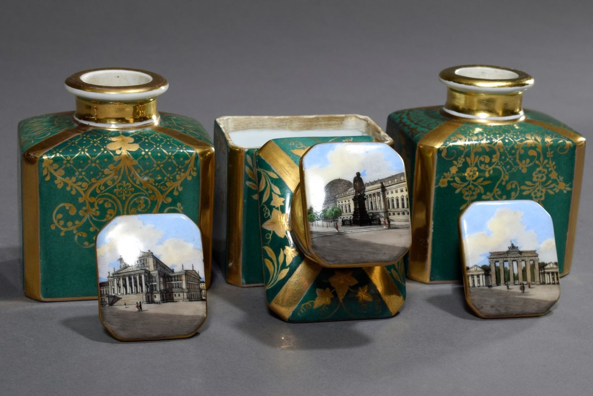 Intarsierter Holz Kasten mit drei Porzellan Gefäßen mit lupenfeiner Malerei "Berliner Ansichten: