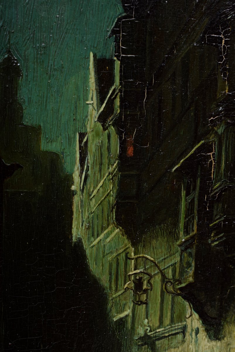 Unbekannter Maler um 1900 „Nachtwache“ (Kopie nach Spitzweg), Öl/Holz, 21,4x12,5cm, Craquelé - Image 3 of 5