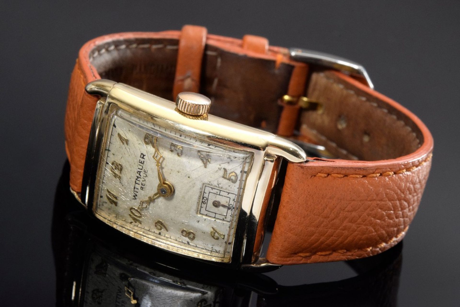 Elegante amerikanische GG 585 "Wittnauer Revue" Armbanduhr in Tankform, Handaufzug, silberweißes - Bild 2 aus 5